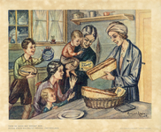 136062 Afbeelding van een moeder met een pak Zweedse Bästa Riksväxt margarine en een brood in haar handen dat door ...